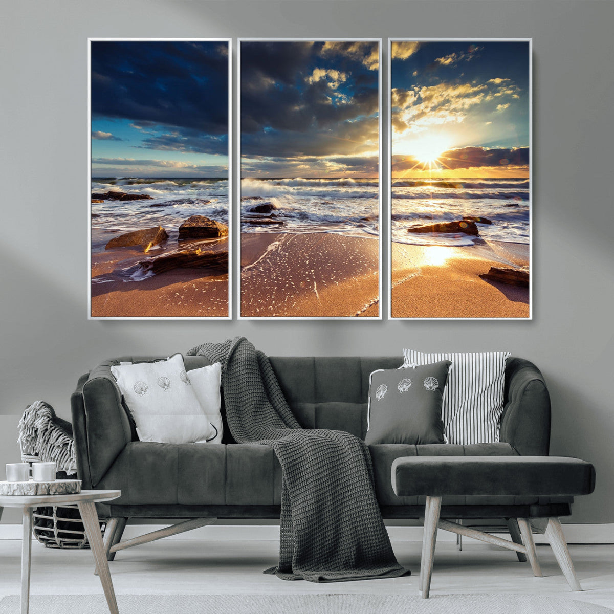 Golden Hour Beach Sunset Canvas Triptych, Ocean Waves and Rocks Wall Art