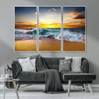 Golden Sunset Ocean Waves Wall Art Canvas Print | Multi Panel Beach Canvas Set, Coastal Triptych
