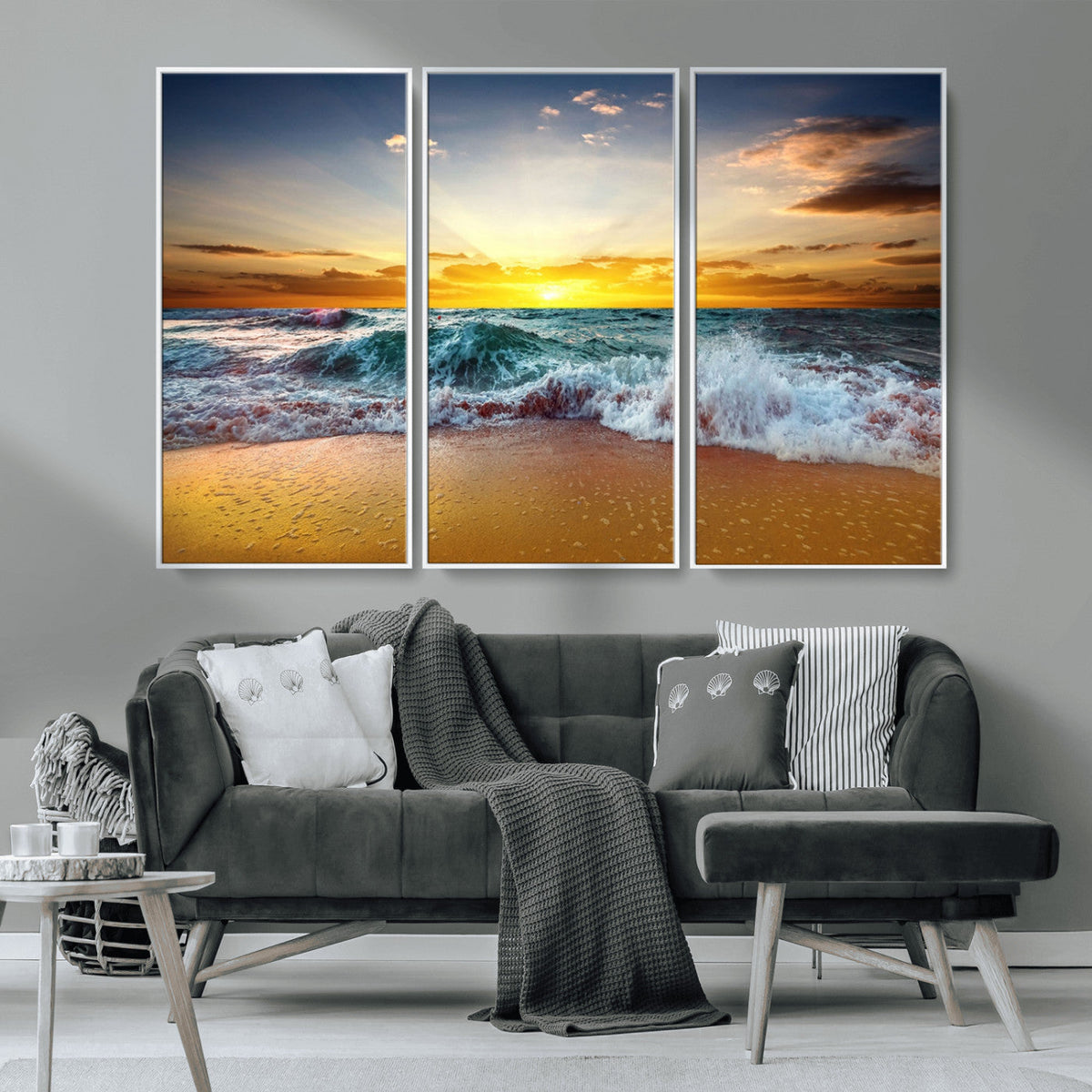 Golden Sunset Ocean Waves Wall Art Canvas Print | Multi Panel Beach Canvas Set, Coastal Triptych