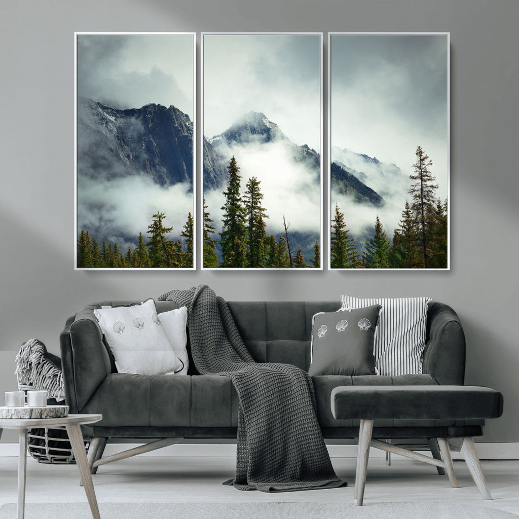 Mountain Mist Canvas Wall Art Print | 3-Panel Foggy Forest and Mountain Landscape
