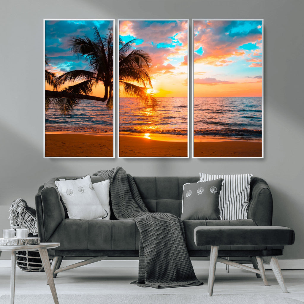 Palm Tree Sunset On The Beach Wall Art Canvas, Framed Palm Tree Sunset Canvas Print