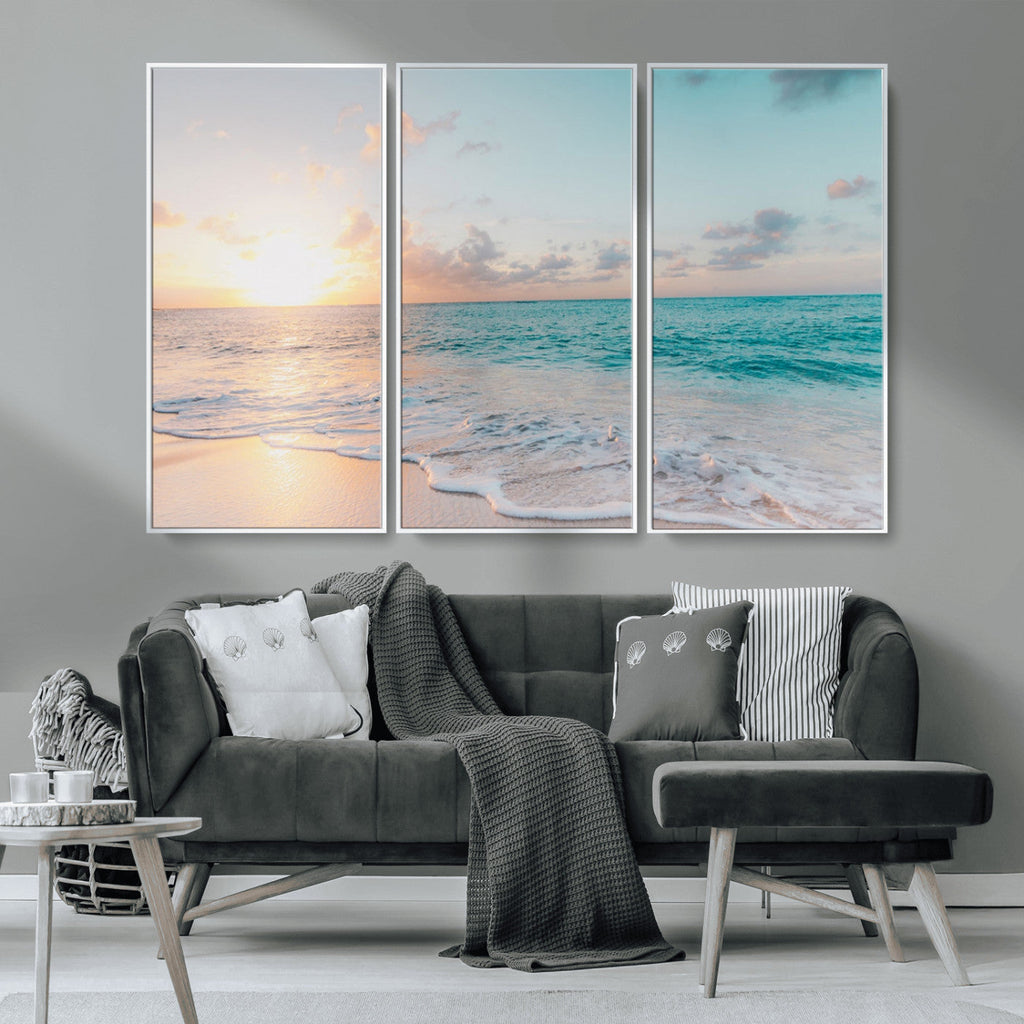 Tranquil Ocean Beach Sunset Canvas Wall Art | 3-Panel Coastal Decor