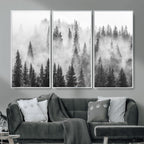 Forest Wall Art Print | Foggy Pine Forest Canvas Wall Art, Black and White Nature Decor