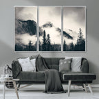 Forest Mountain Print | Black and White Canvas Wall Art with Misty Forest Design