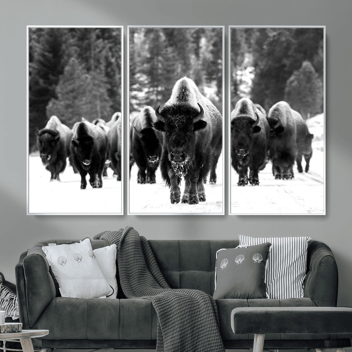 Bison Herd in Snow Wall Art Canvas Print | Rustic Western Bison Wall Art for Living Room and Farmhouse Decor