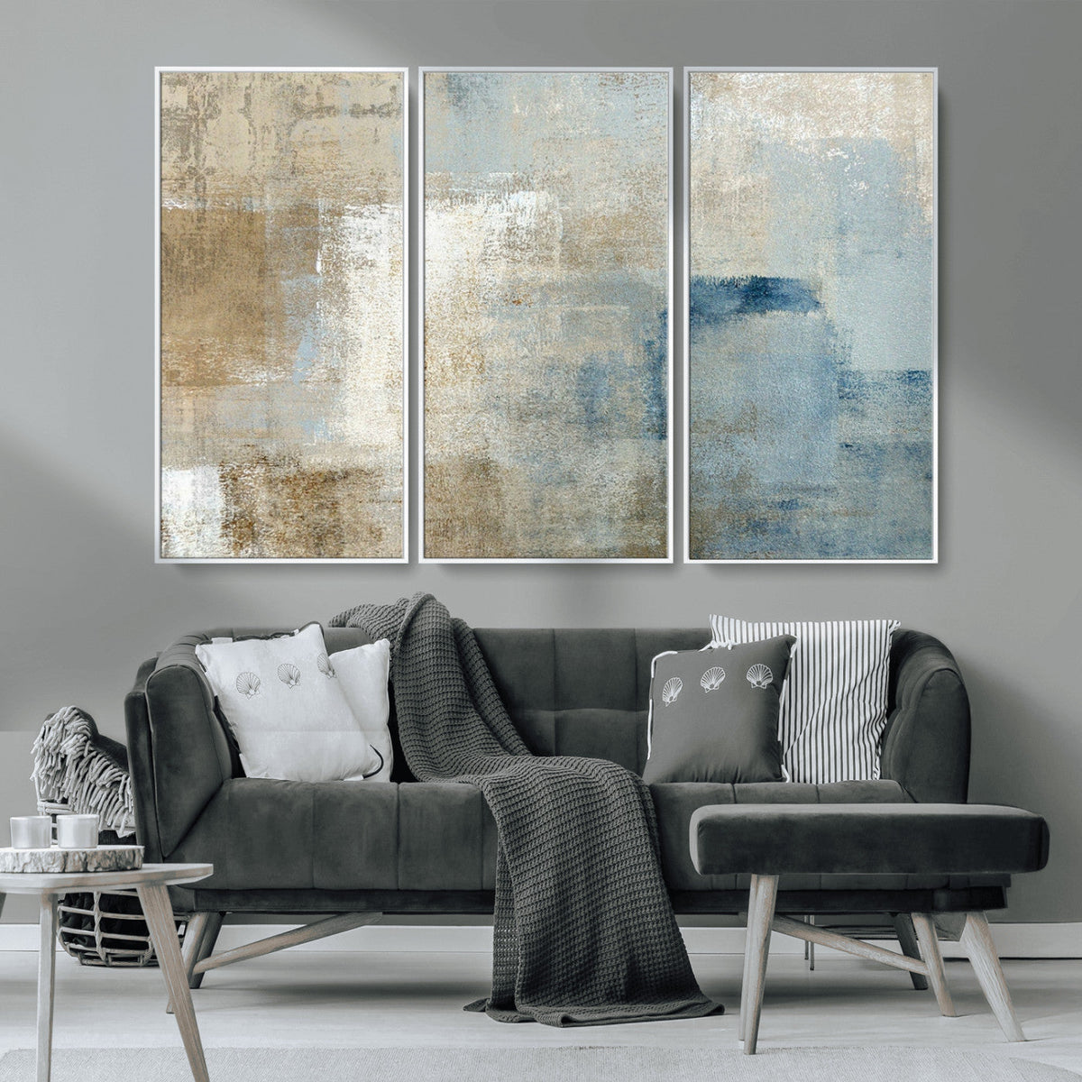 Abstract Blue and Beige Wall Art, Modern Minimalist Canvas Print Set