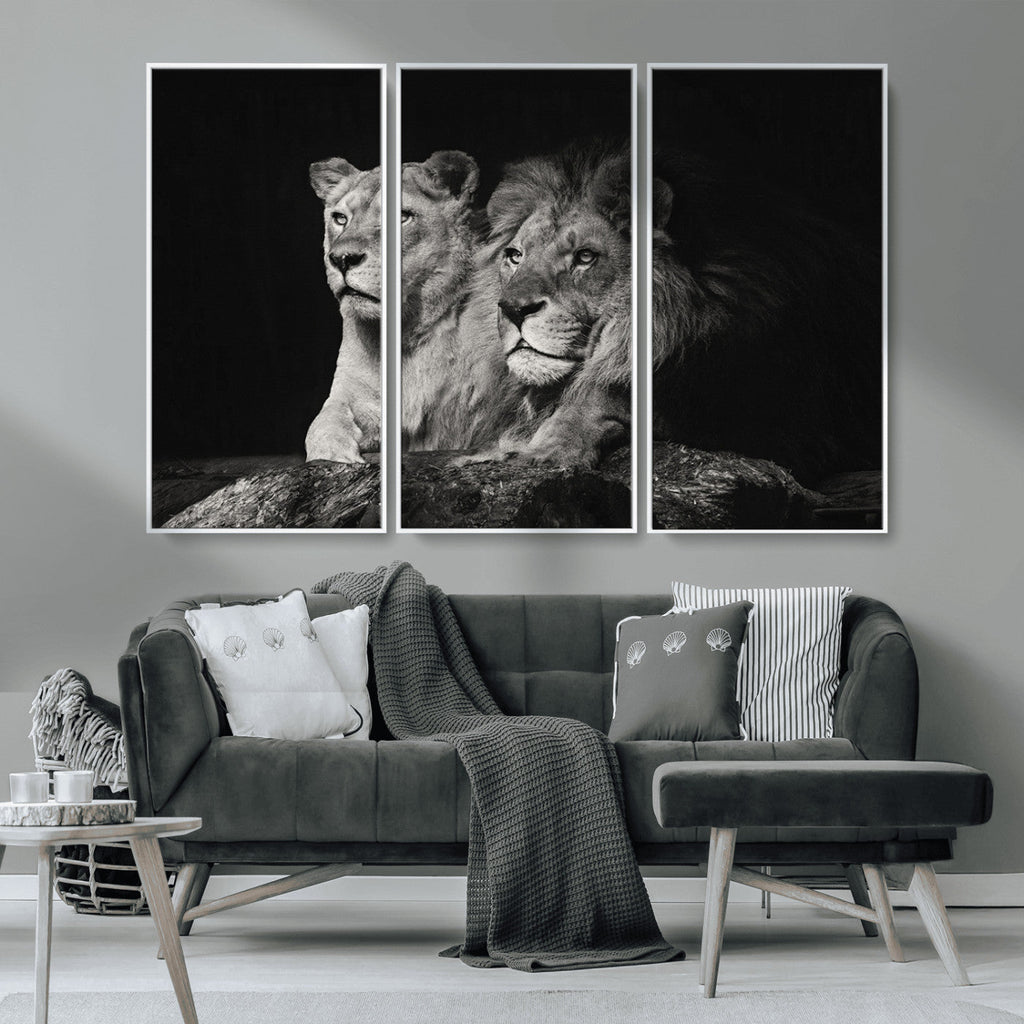 Lion Couple Wall Art Canvas Print, Elegant Black and White Wildlife Portrait