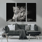 Lion Couple Wall Art Canvas Print, Elegant Black and White Wildlife Portrait