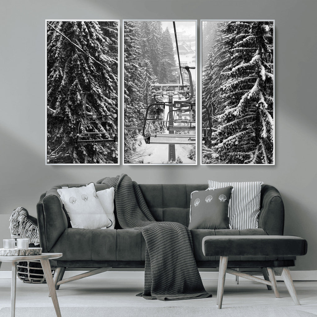 Winter Ski Lift Black and White Canvas Wall Art | Alpine Escape in Minimalist Style
