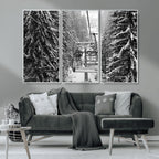 Winter Ski Lift Black and White Canvas Wall Art | Alpine Escape in Minimalist Style