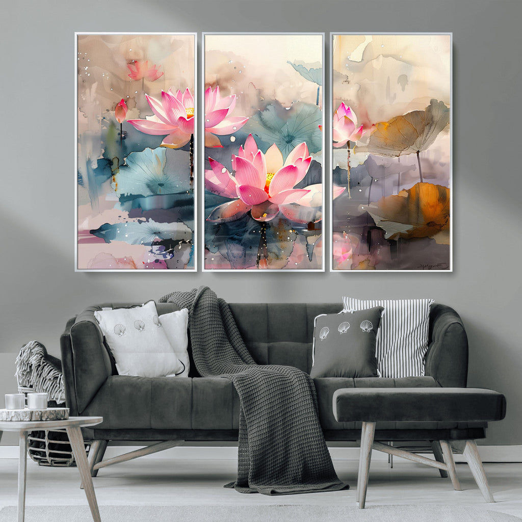 Lotus Flower Wall Art | 3 Panel Giclee Canvas Print of Pink Lotus Blossoms