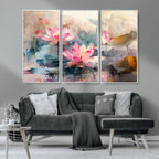 Lotus Flower Wall Art | 3 Panel Giclee Canvas Print of Pink Lotus Blossoms