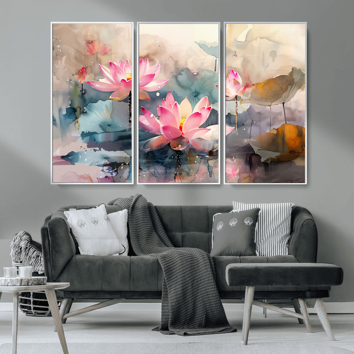 Lotus Flower Wall Art | 3 Panel Giclee Canvas Print of Pink Lotus Blossoms