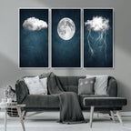 3 Piece Indigo Cloud Wall Art, Thunderstorm Moon Cloud Artwork