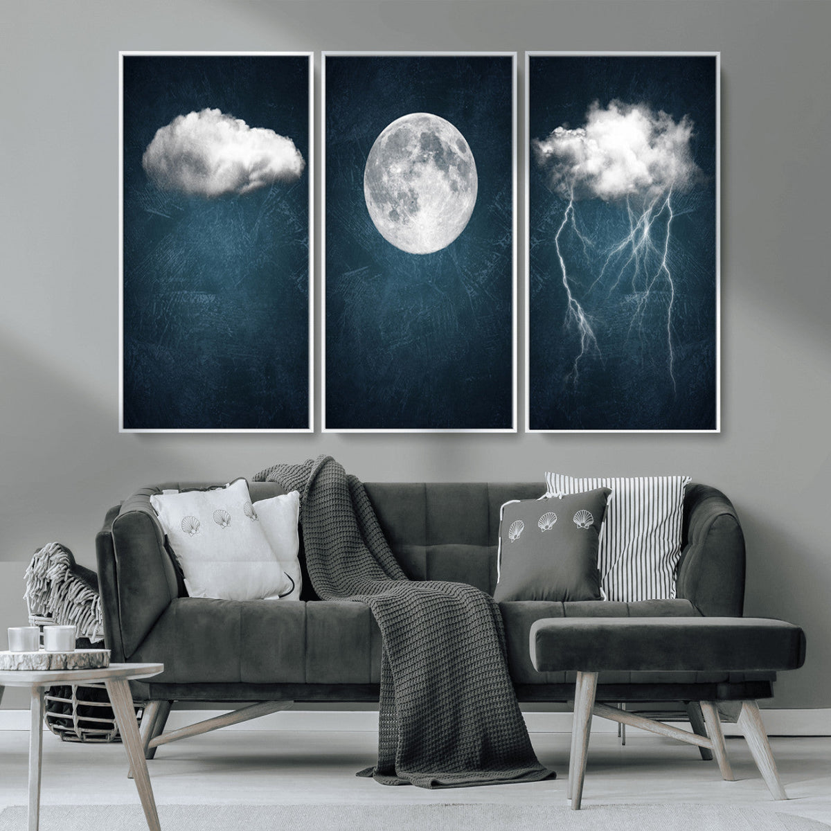 3 Piece Indigo Cloud Wall Art, Thunderstorm Moon Cloud Artwork