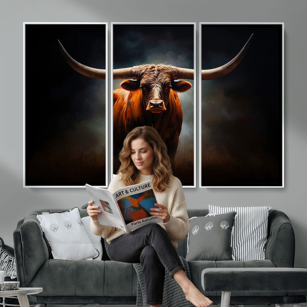 Abstract Texas Longhorn Wall Art Print | 3-Panel Large Texas Longhorn Canvas