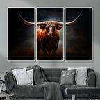 Abstract Texas Longhorn Wall Art Print | 3-Panel Large Texas Longhorn Canvas