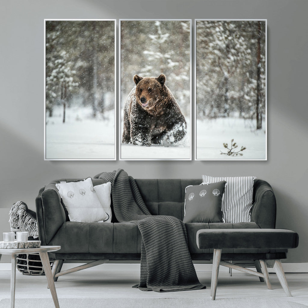Grizzly Bear Wall Art | Framed Snowy Forest Canvas Artwork