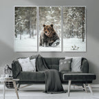 Grizzly Bear Wall Art | Framed Snowy Forest Canvas Artwork