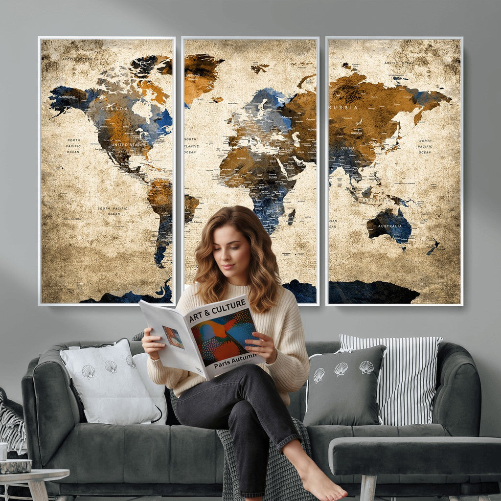 World Map Wall Art | Antique Style Blue and Brown Map Canvas Print