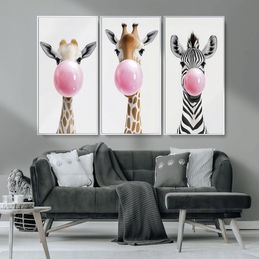 Bubblegum Animals Canvas Wall Art, Playful Giraffe and Zebra Trio, Whimsical Nursery and Kids Room Decor