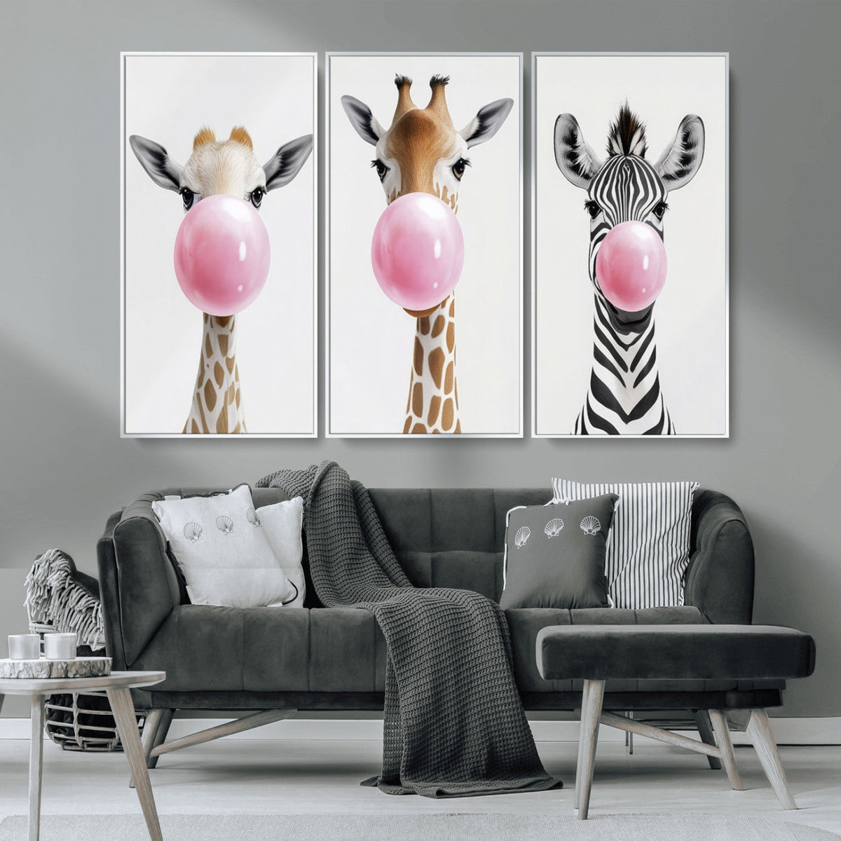Bubblegum Animals Canvas Wall Art, Playful Giraffe and Zebra Trio, Whimsical Nursery and Kids Room Decor