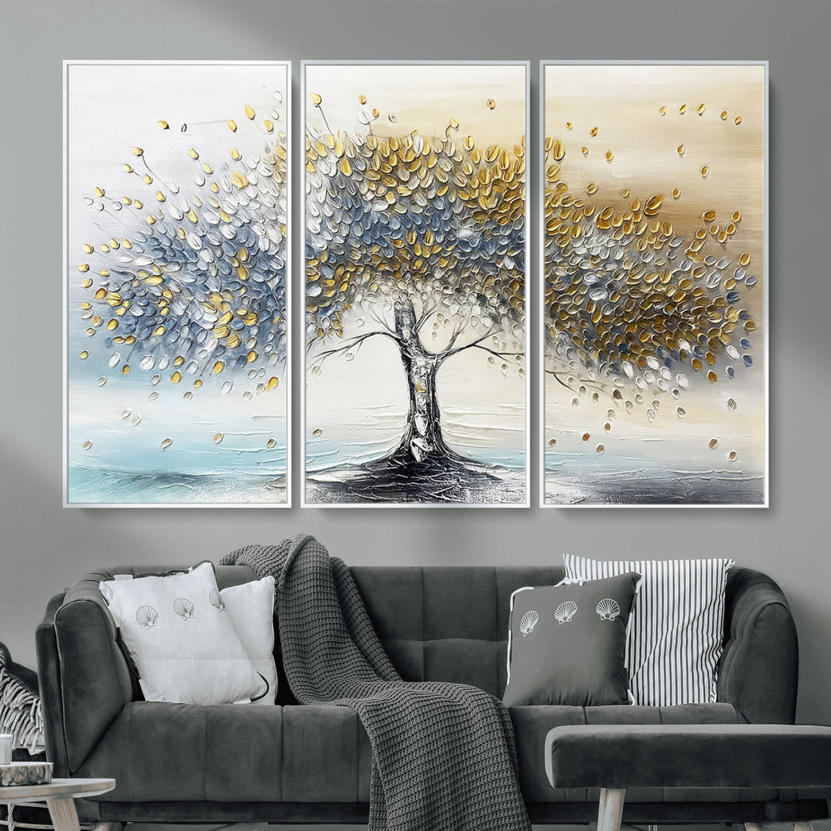 Golden and Silver Tree Wall Art | Framed Elegant Leaves Canvas