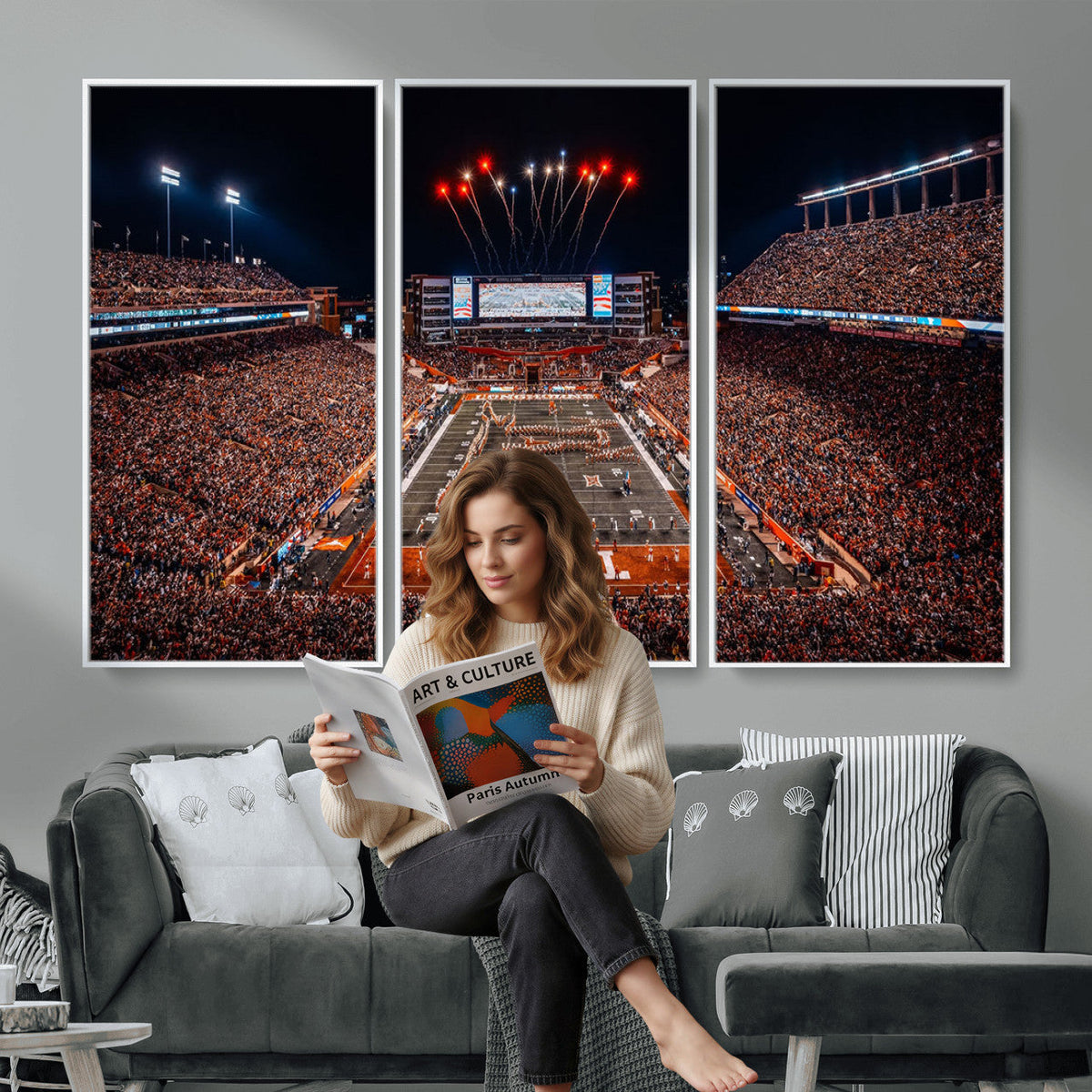 Texas Stadium Night Game Wall Art Canvas Print, Vibrant Football Fireworks Scene