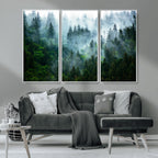 Misty Forest Wall Art Canvas Print, Framed Foggy Mountain Art, Large Scenic Woodland Canvas