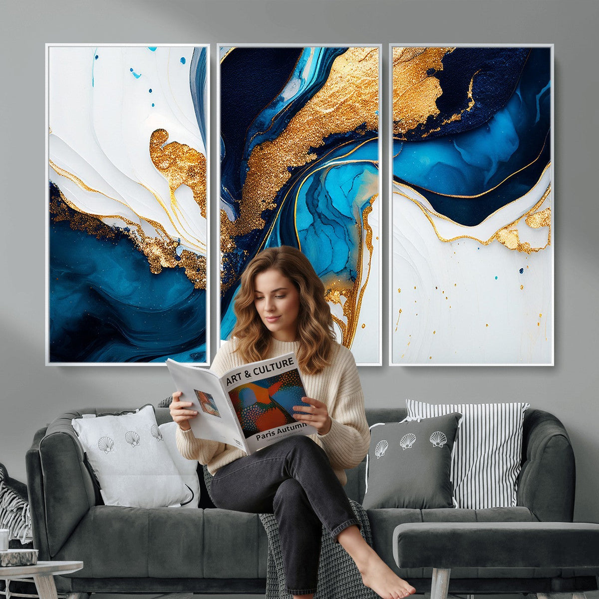 Gold Blue Abstract Canvas Print, Elegant Navy and Gold Marble Flow