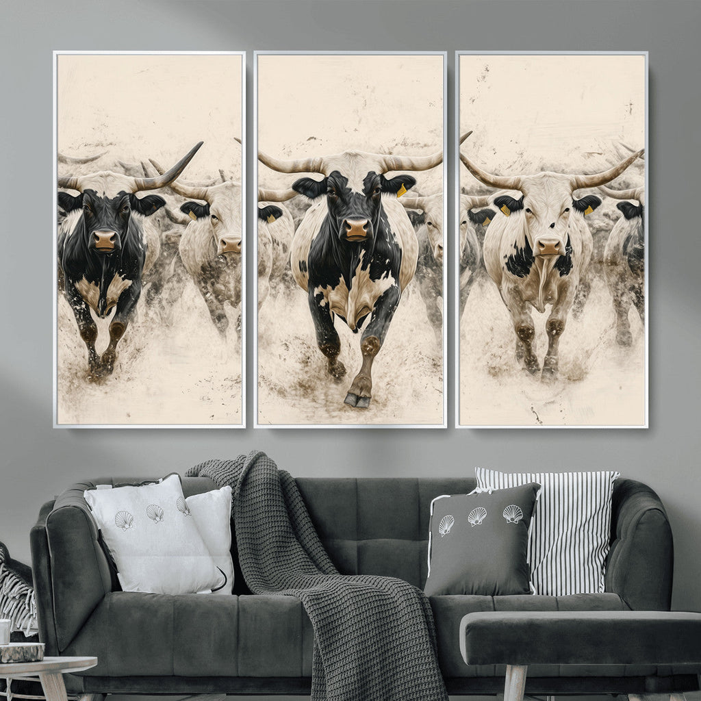 Texas Longhorn Wall Art | Framed Cattle Walking Canvas