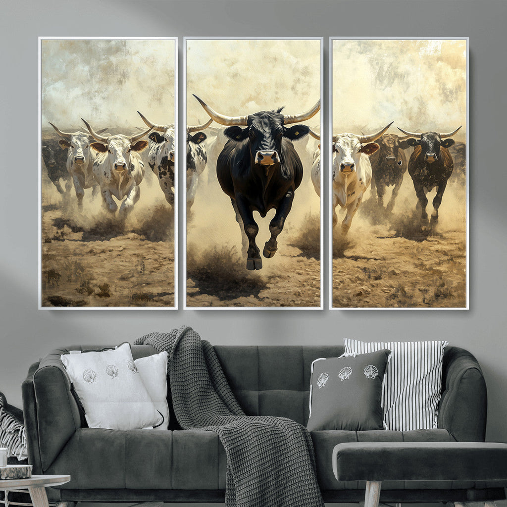 Texas Longhorn Wall Art | Framed Charging Cattle Canvas