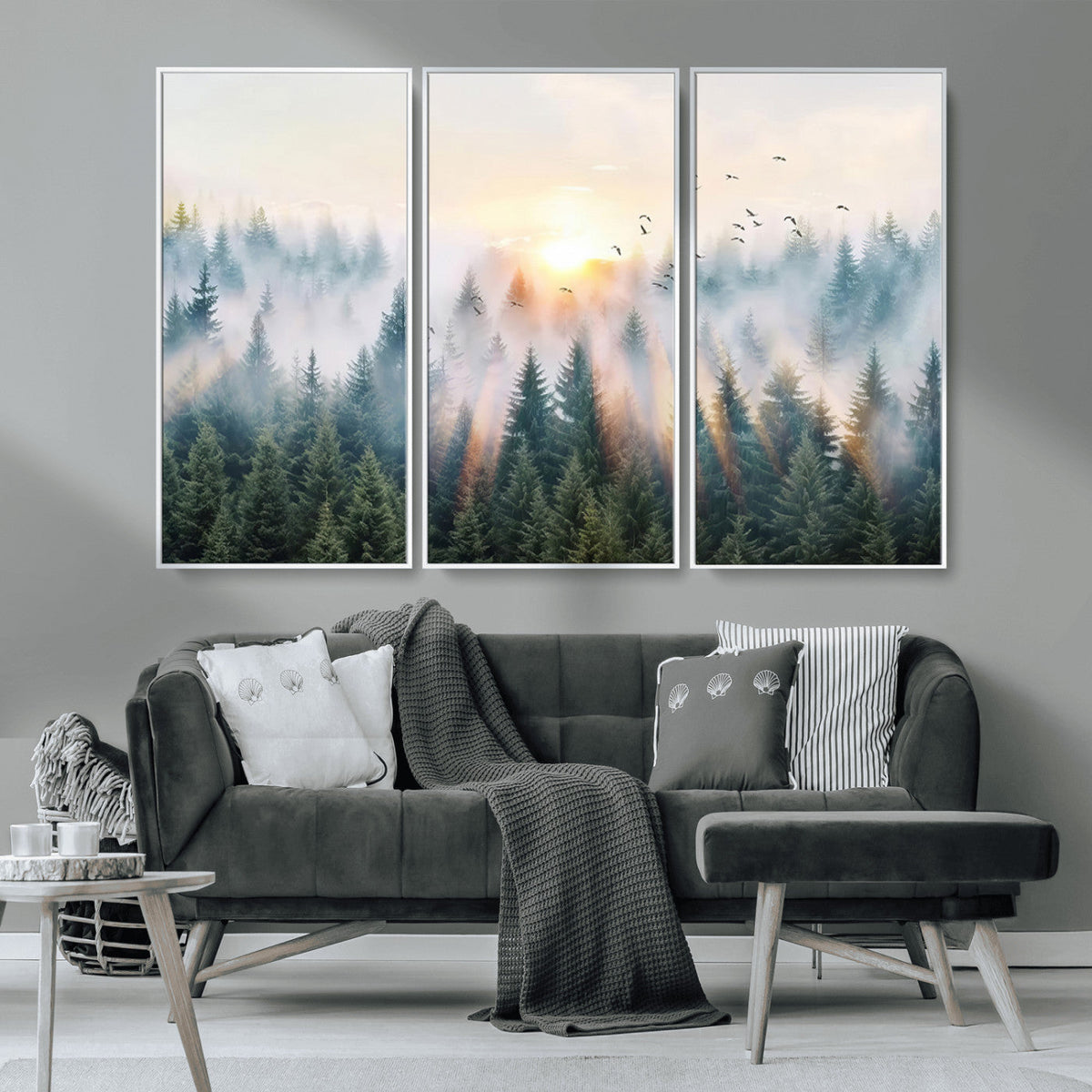Misty Pine Forest Wall Art Canvas, Sunrise Over Foggy Trees