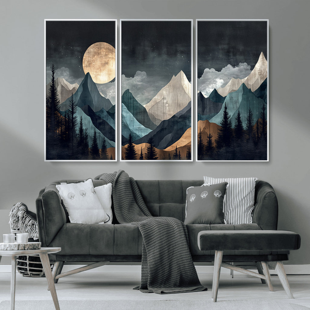 Moonlit Mountain Wall Art Canvas Print, Framed Silhouetted Pines Art, Layered Peaks Rustic Decor