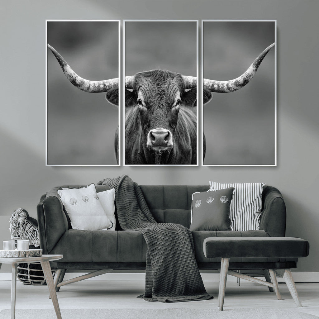 Texas Longhorn Wall Art Canvas Print, Framed Western Bull Photography, Rustic Log Cabin Decor