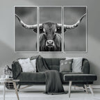Texas Longhorn Wall Art Canvas Print, Framed Western Bull Photography, Rustic Log Cabin Decor