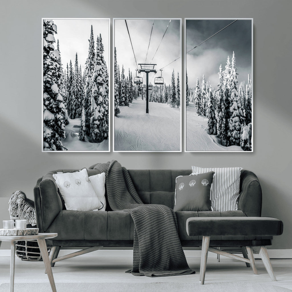 Snowy Pines Wall Art Canvas Print | Ski Lift in a Winter Forest