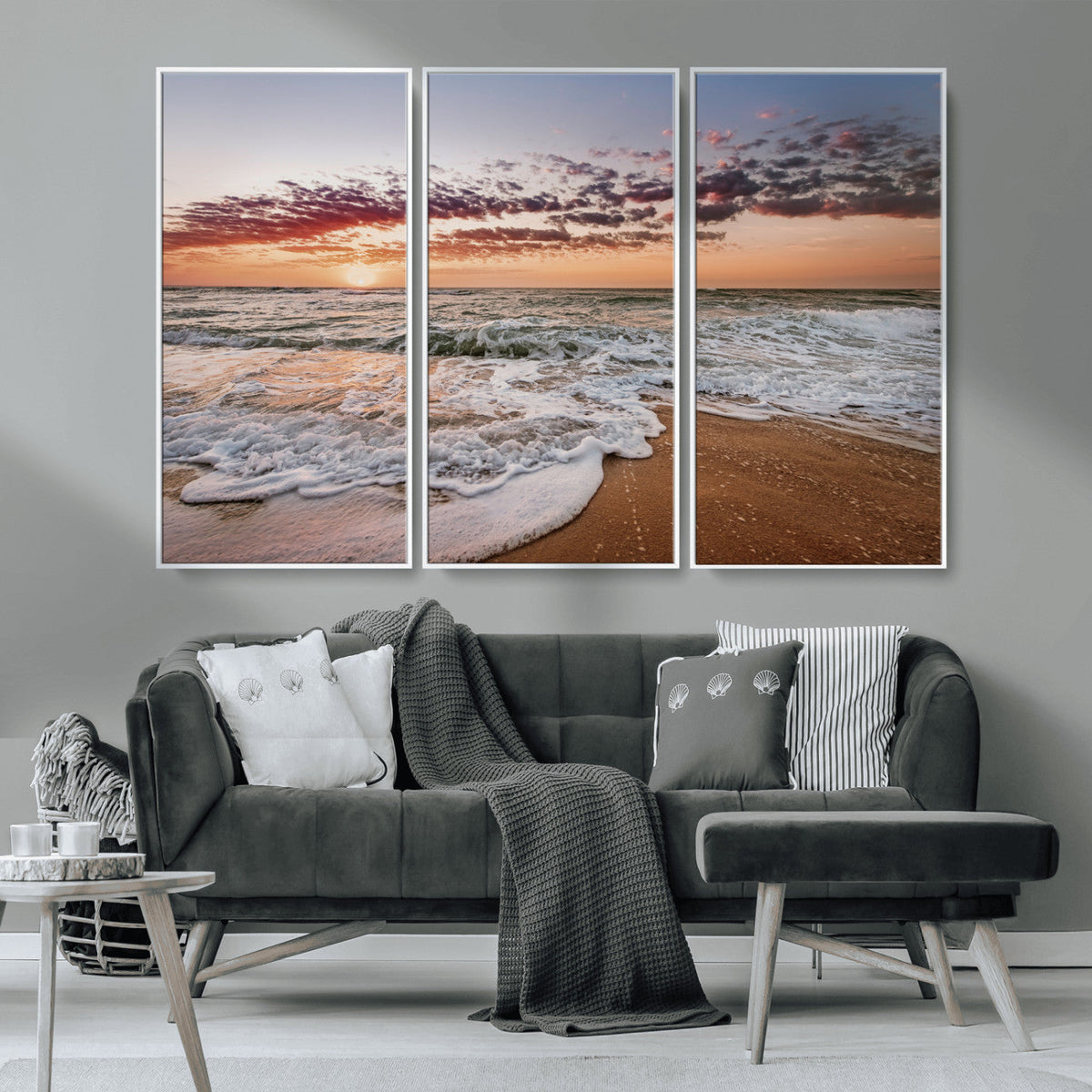 Ocean Sunset Wall Art Canvas Print | Sandy Shore and Gentle Waves