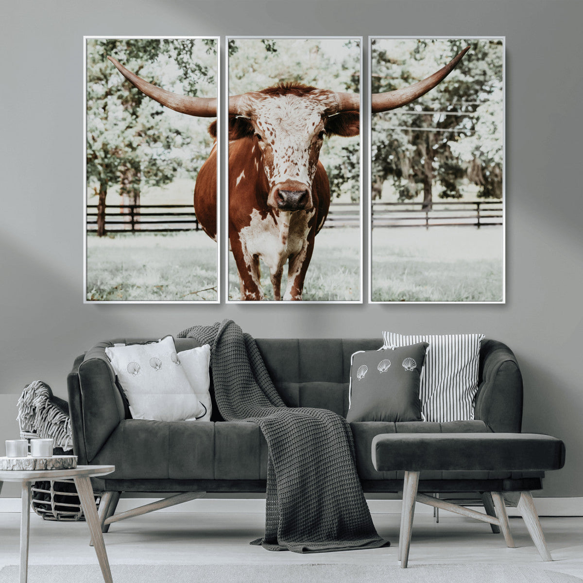 Texas Longhorn Wall Art Canvas Print | Framed Spotted Brown and White Bull