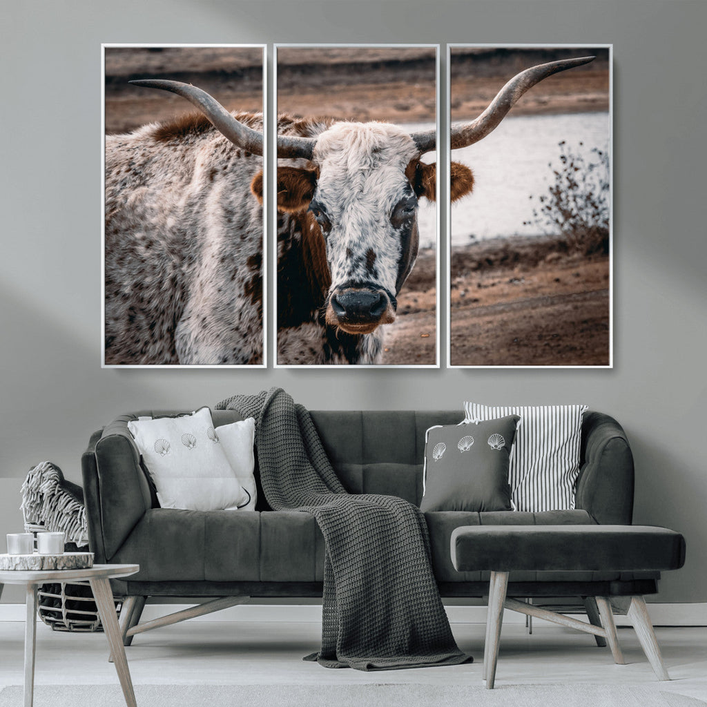 Texas Longhorn Wall Art Canvas Print | Framed Brown and White Spotted Longhorn