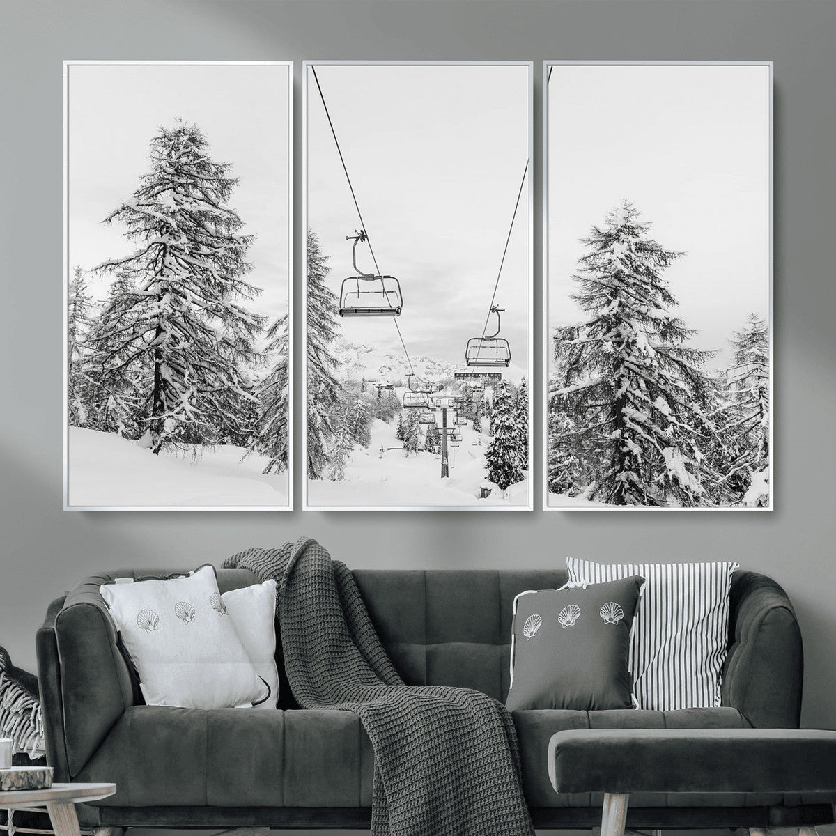 Snowy Ski Lift Wall Art | Framed Winter Forest Canvas