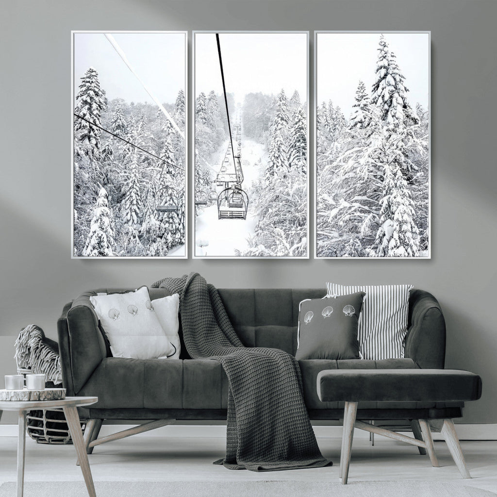 Snowy Ski Lift Wall Art | Framed Winter Mountain Canvas