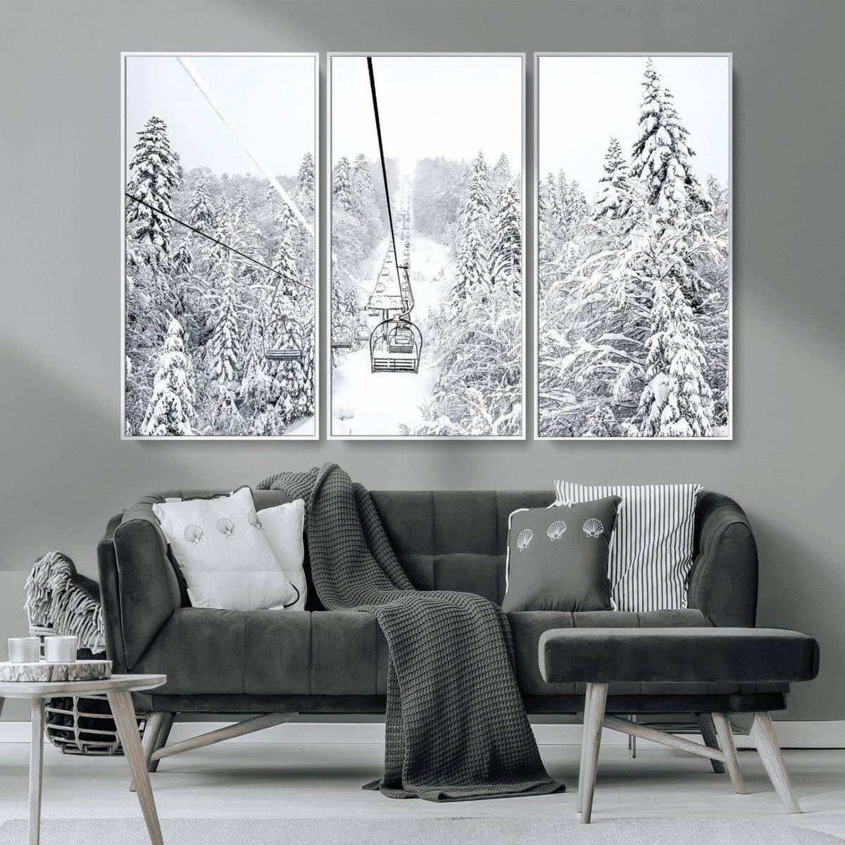 Snowy Ski Lift Wall Art | Framed Winter Mountain Canvas