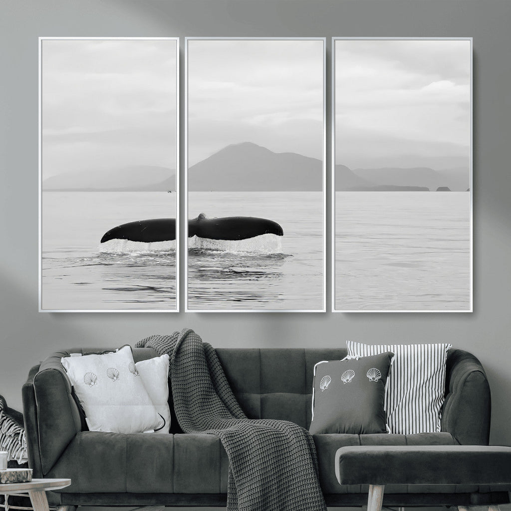 Whale Tail Wall Art | Framed Black White Ocean Canvas