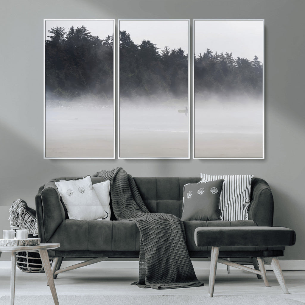 Surfer Fog Wall Art Canvas Print, Framed Foggy Beach and Coastal Surf Scene