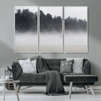 Surfer Fog Wall Art Canvas Print, Framed Foggy Beach and Coastal Surf Scene
