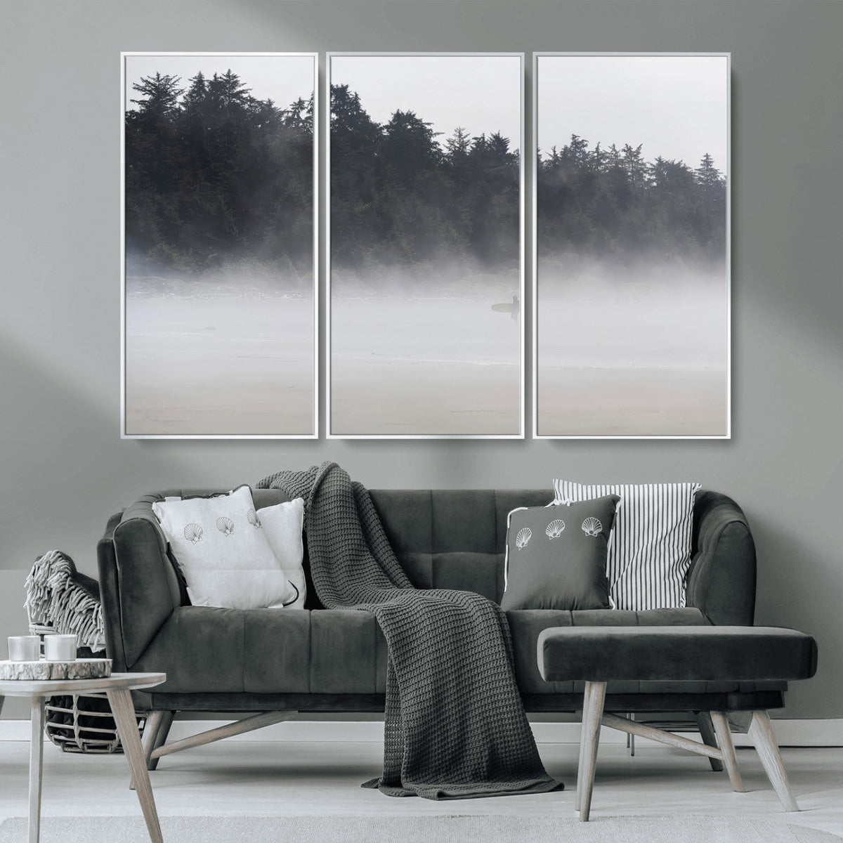 Surfer Fog Wall Art Canvas Print, Framed Foggy Beach and Coastal Surf Scene