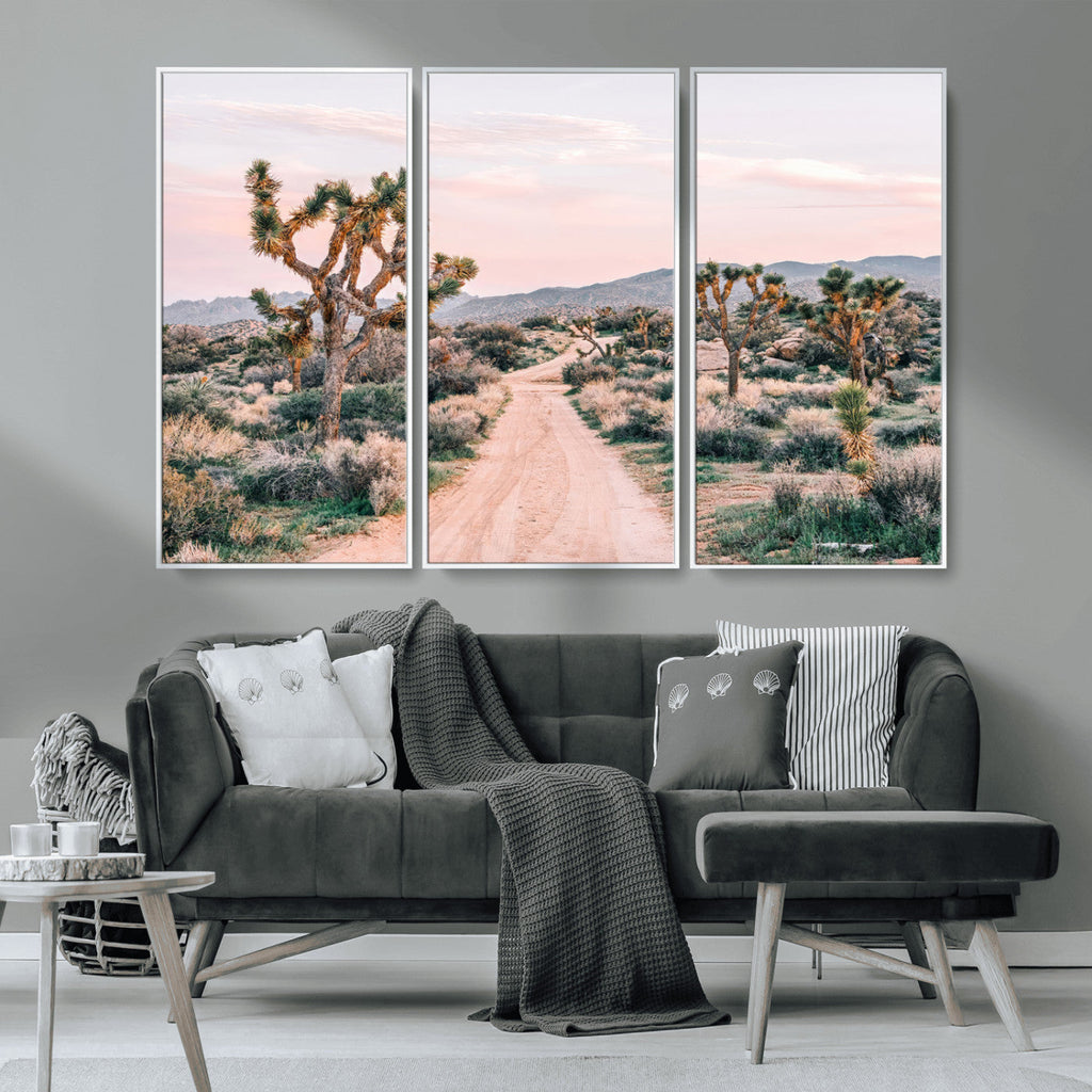 Joshua Tree Wall Art Canvas Print, Framed Desert Road Scene at Sunset