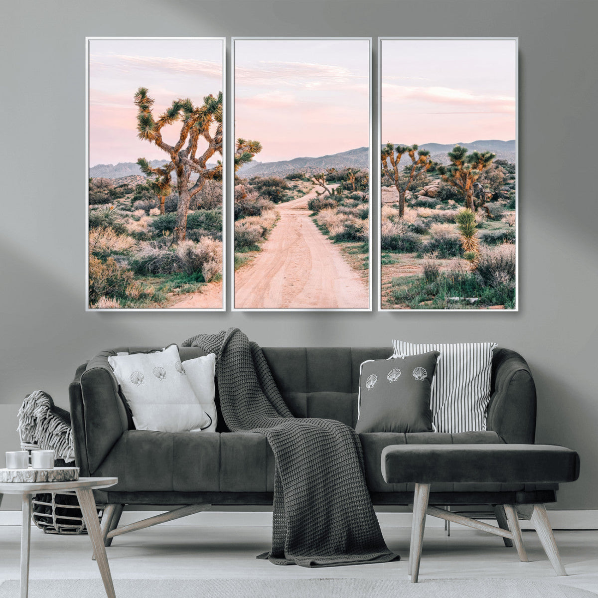 Joshua Tree Wall Art Canvas Print, Framed Desert Road Scene at Sunset