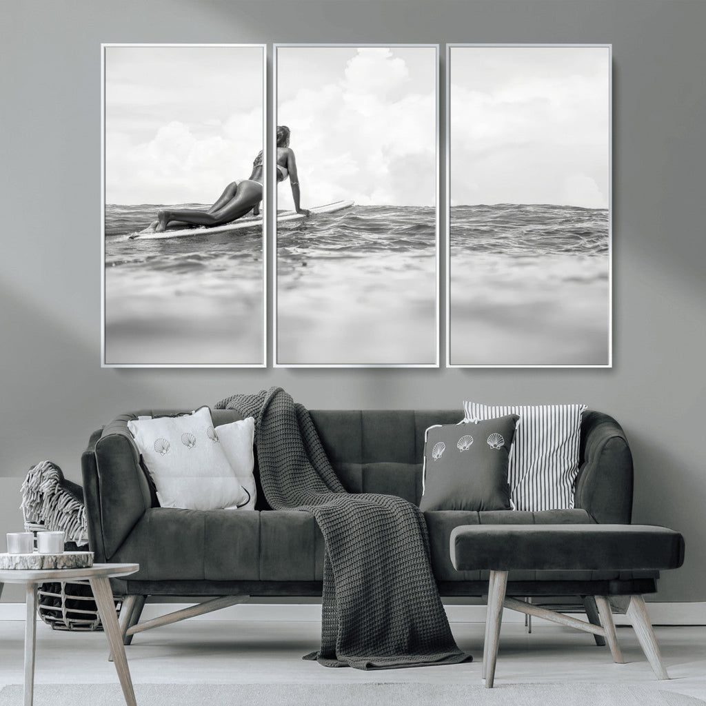 Black and White Surfing Wall Art Canvas Print, Framed Ocean Horizon Surfer Girl